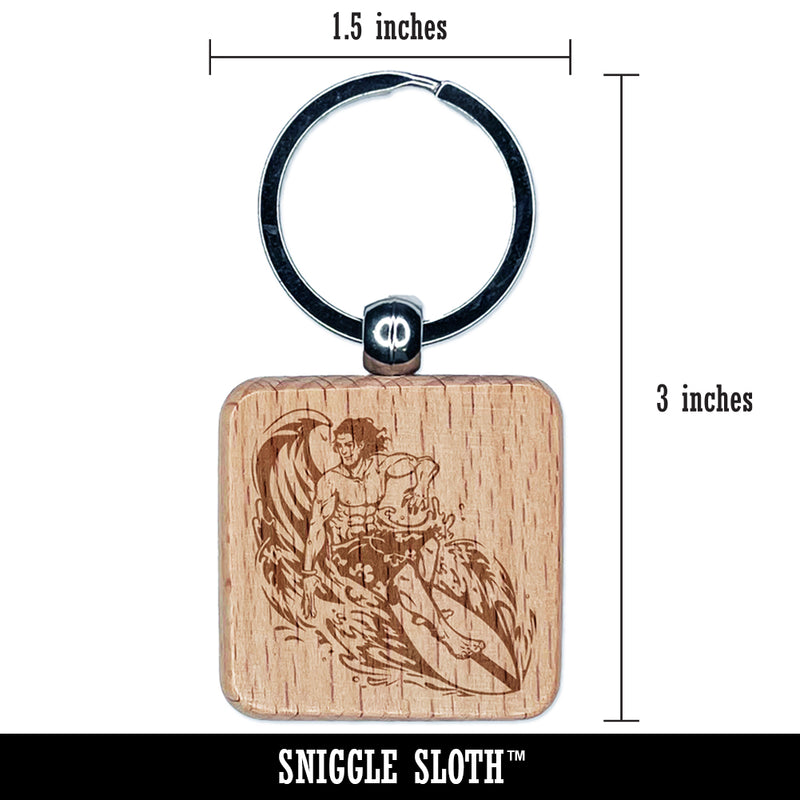 Surfer Man Riding Wave with Surfboard Engraved Wood Square Keychain Tag Charm