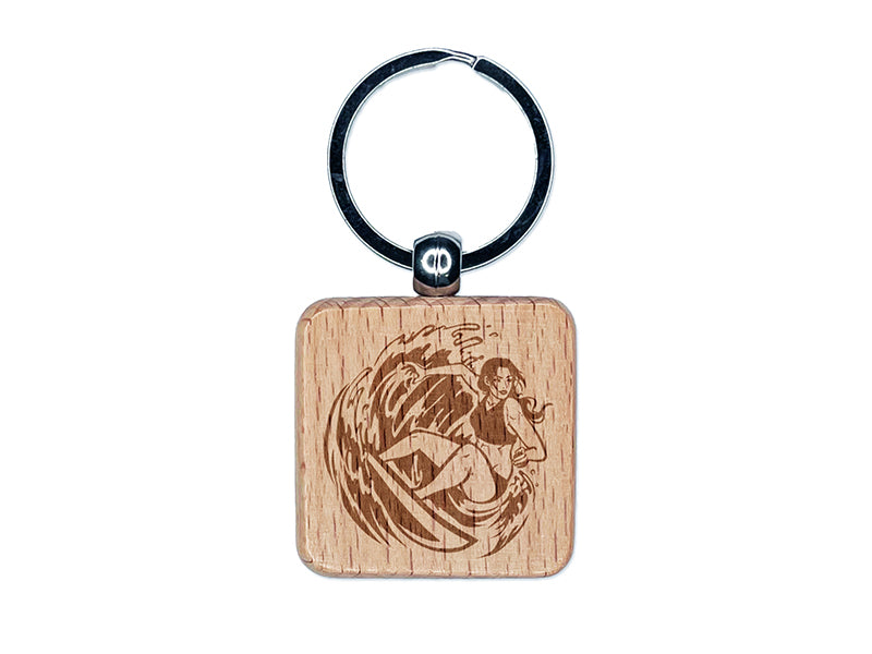 Surfer Woman Riding Wave with Surfboard Engraved Wood Square Keychain Tag Charm