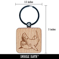 Toothy Great White Shark Engraved Wood Square Keychain Tag Charm