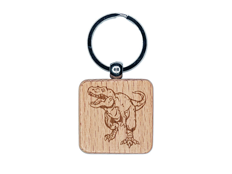 Tyrannosaurus Rex T-Rex Dinosaur on the Hunt Engraved Wood Square Keychain Tag Charm