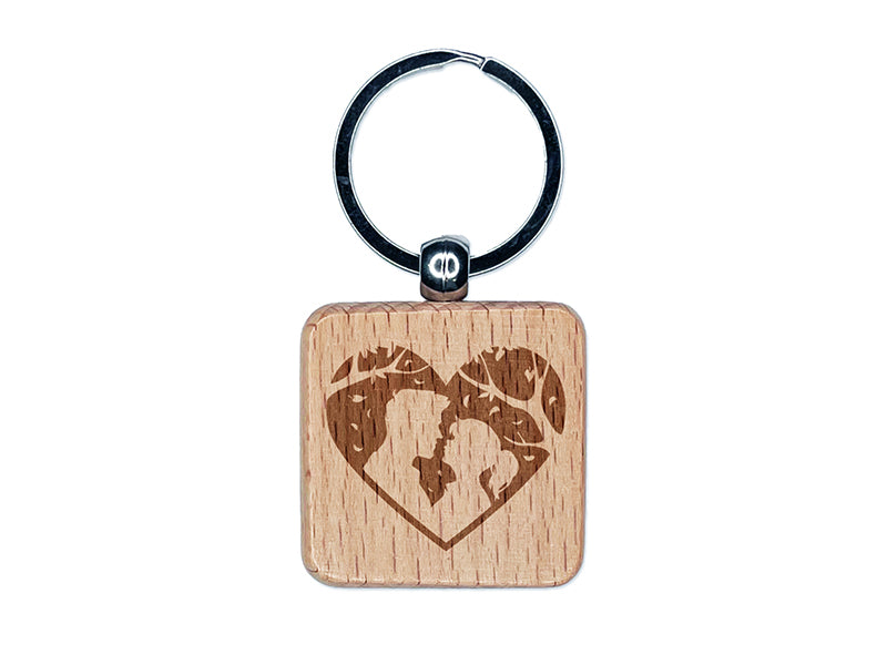 Valentine's Day Couple Kiss Heart Love Anniversary Engraved Wood Square Keychain Tag Charm