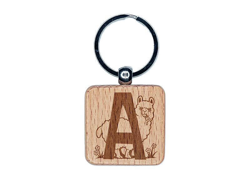 Animal Alphabet Letter A for Alpaca Engraved Wood Square Keychain Tag Charm