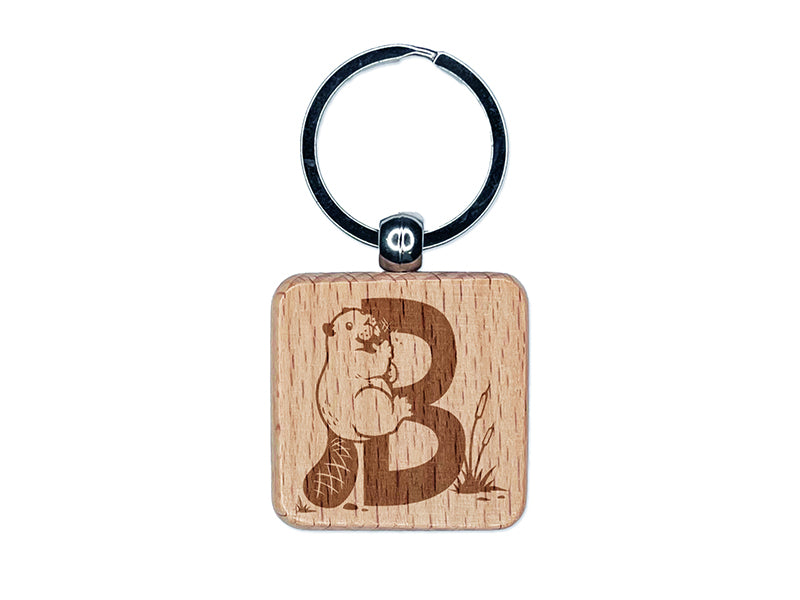 Animal Alphabet Letter B for Beaver Engraved Wood Square Keychain Tag Charm