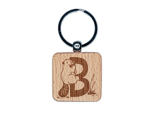 Animal Alphabet Letter B for Beaver Engraved Wood Square Keychain Tag Charm