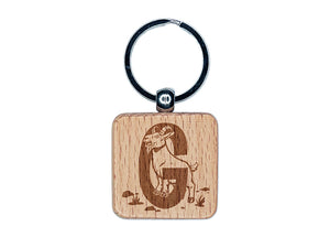 Animal Alphabet Letter G for Goat Engraved Wood Square Keychain Tag Charm