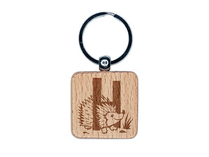 Animal Alphabet Letter H for Hedgehog Engraved Wood Square Keychain Tag Charm