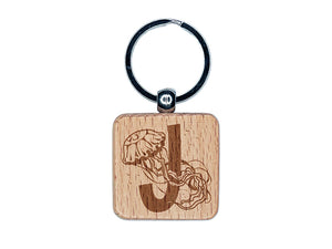 Animal Alphabet Letter J for Jellyfish Engraved Wood Square Keychain Tag Charm