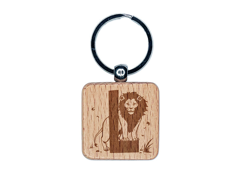 Animal Alphabet Letter L for Lion Engraved Wood Square Keychain Tag Charm