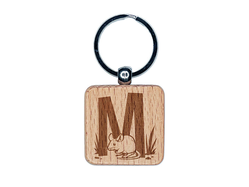 Animal Alphabet Letter M for Mouse Engraved Wood Square Keychain Tag Charm