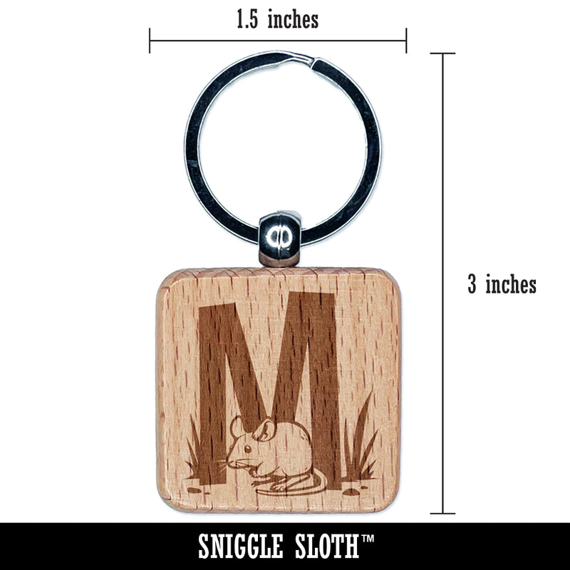 Animal Alphabet Letter M for Mouse Engraved Wood Square Keychain Tag Charm