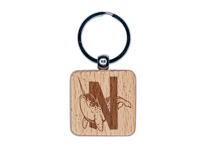 Animal Alphabet Letter N for Narwhal Engraved Wood Square Keychain Tag Charm