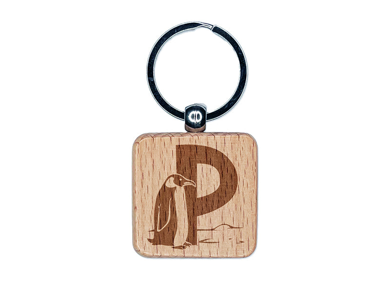 Animal Alphabet Letter P for Penguin Engraved Wood Square Keychain Tag Charm