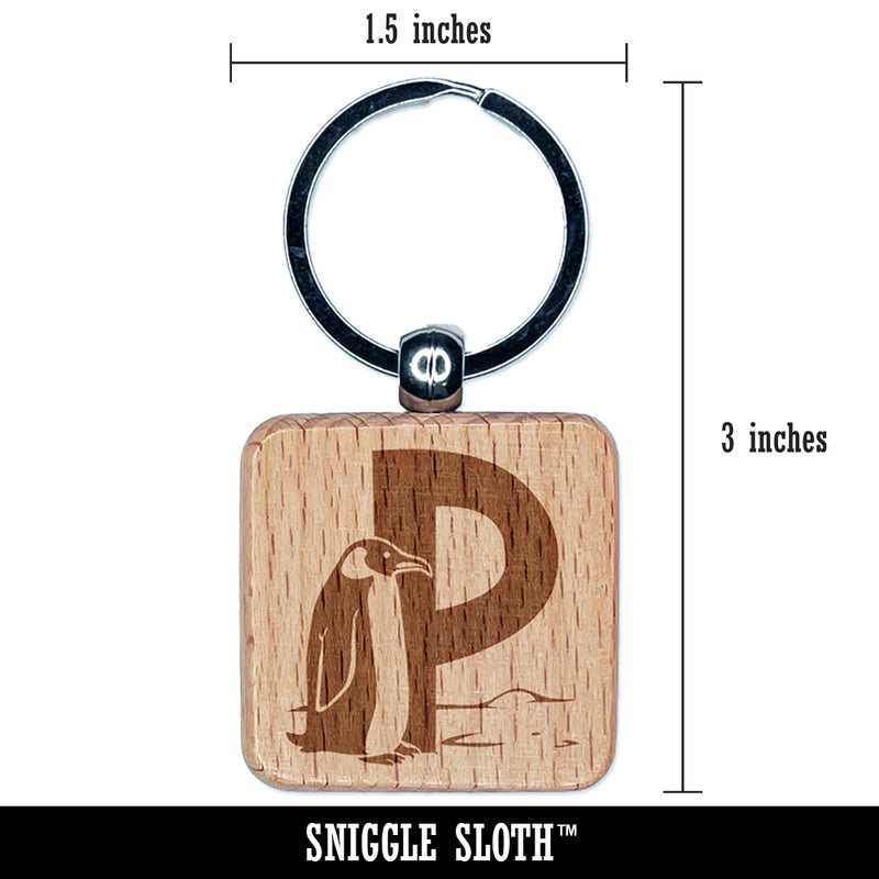 Animal Alphabet Letter P for Penguin Engraved Wood Square Keychain Tag Charm