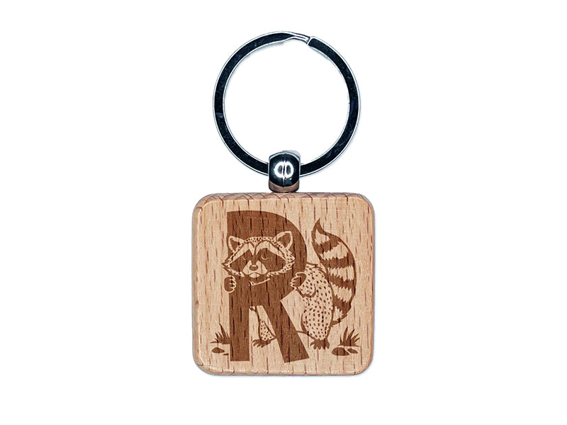 Animal Alphabet Letter R for Raccoon Engraved Wood Square Keychain Tag Charm