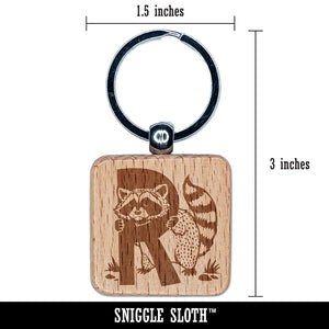 Animal Alphabet Letter R for Raccoon Engraved Wood Square Keychain Tag Charm