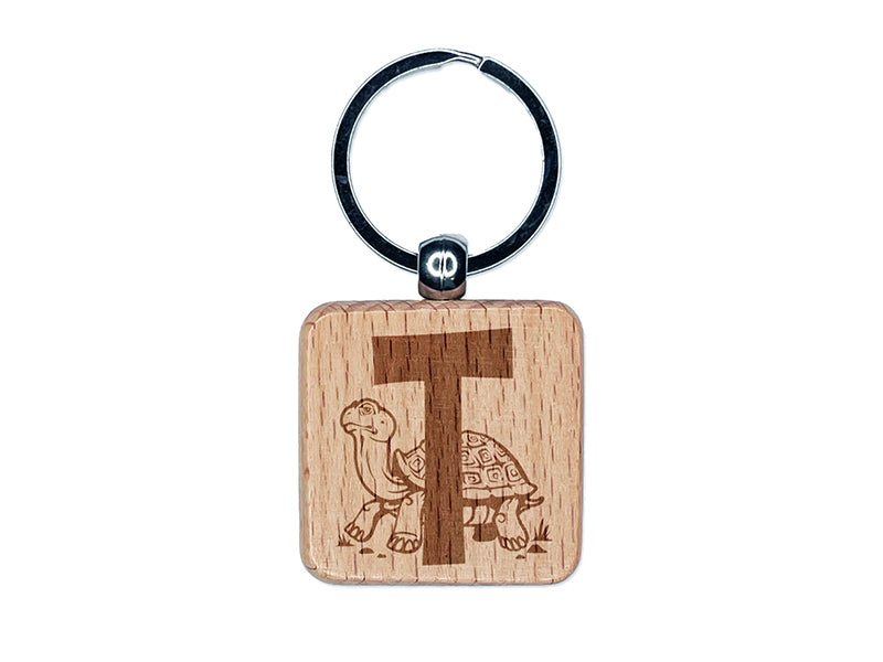 Animal Alphabet Letter T for Turtle and Tortoise Engraved Wood Square Keychain Tag Charm