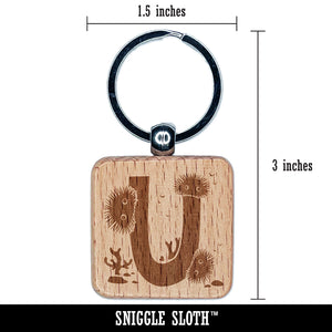 Animal Alphabet Letter U for Urchin Engraved Wood Square Keychain Tag Charm