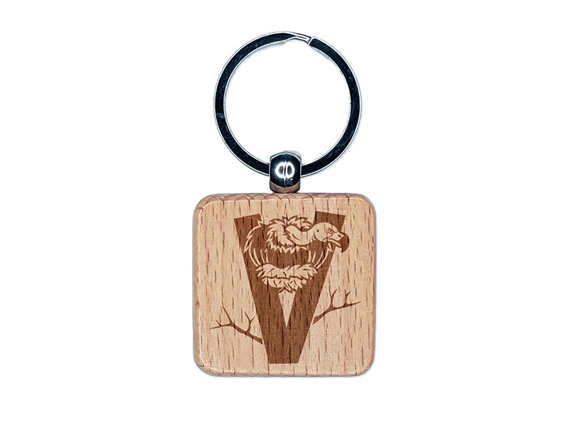 Animal Alphabet Letter V for Vulture Engraved Wood Square Keychain Tag Charm