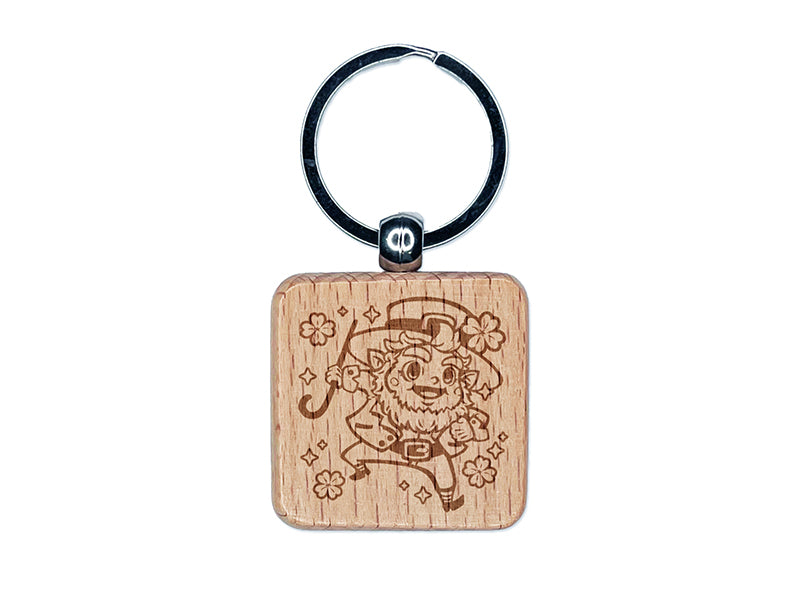 Cute and Jolly Saint Patrick's Day Leprechaun Engraved Wood Square Keychain Tag Charm