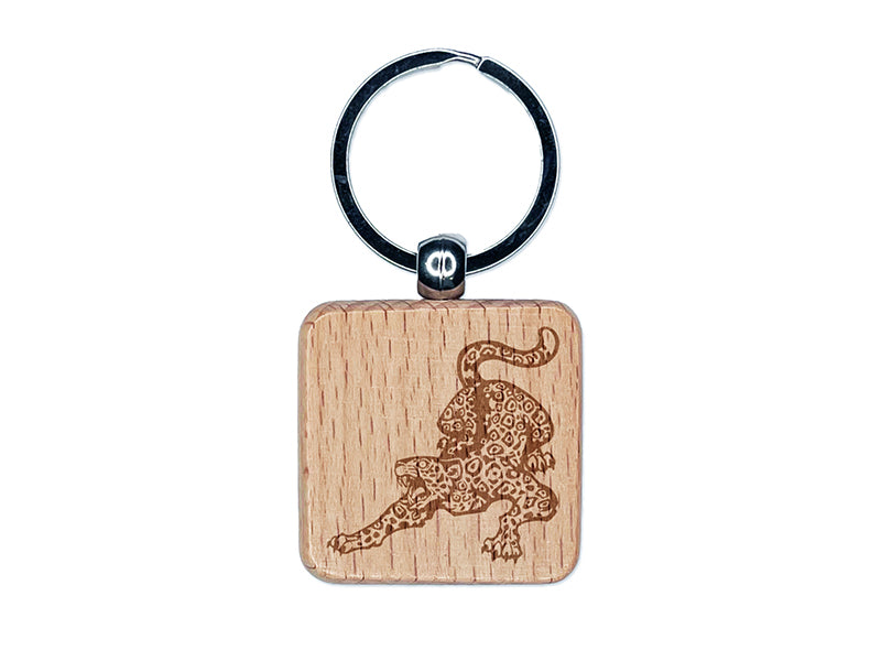 Fierce Crouching Jaguar Jungle Cat Engraved Wood Square Keychain Tag Charm