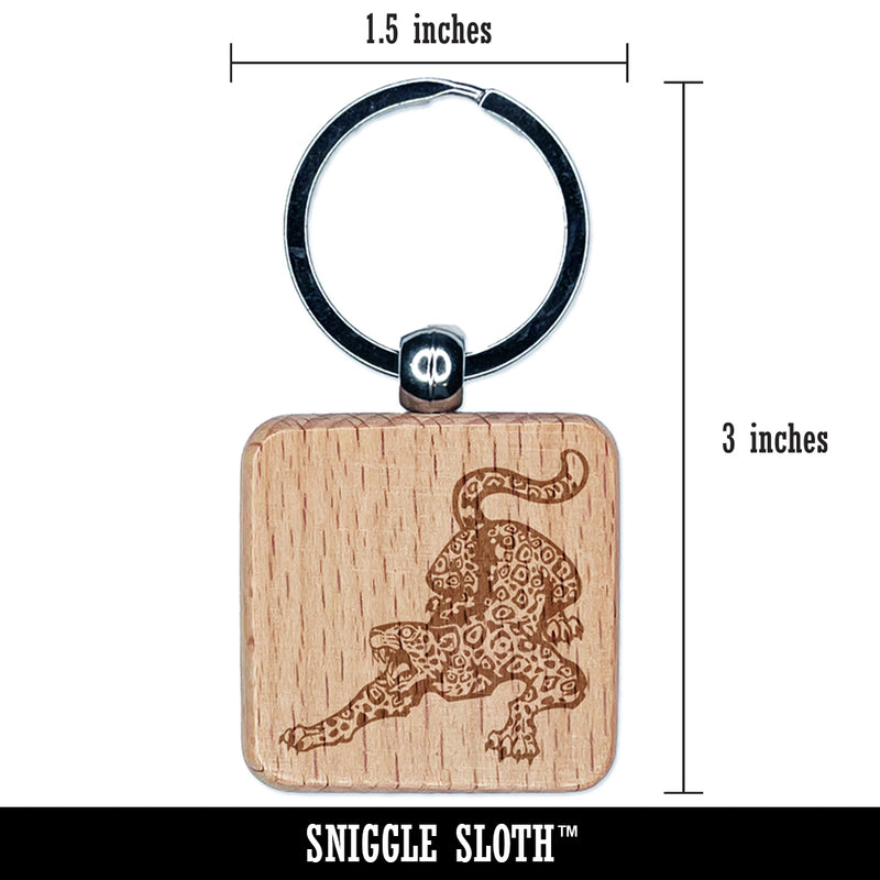 Fierce Crouching Jaguar Jungle Cat Engraved Wood Square Keychain Tag Charm