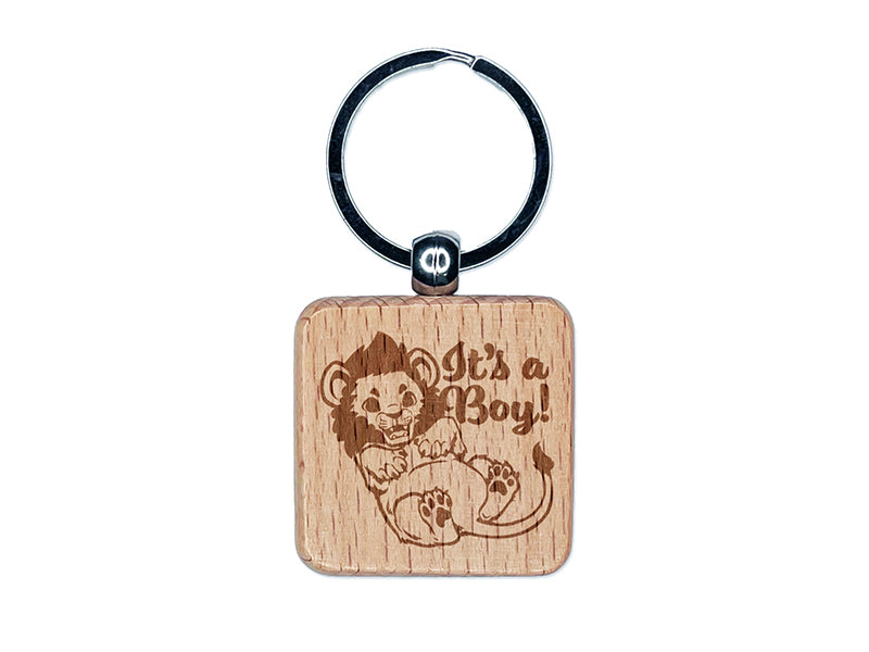 It's a Boy Lion Gender Reveal Engraved Wood Square Keychain Tag Charm