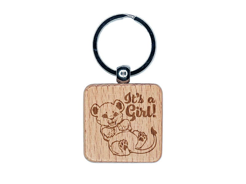 It's a Girl Lion Gender Reveal Engraved Wood Square Keychain Tag Charm