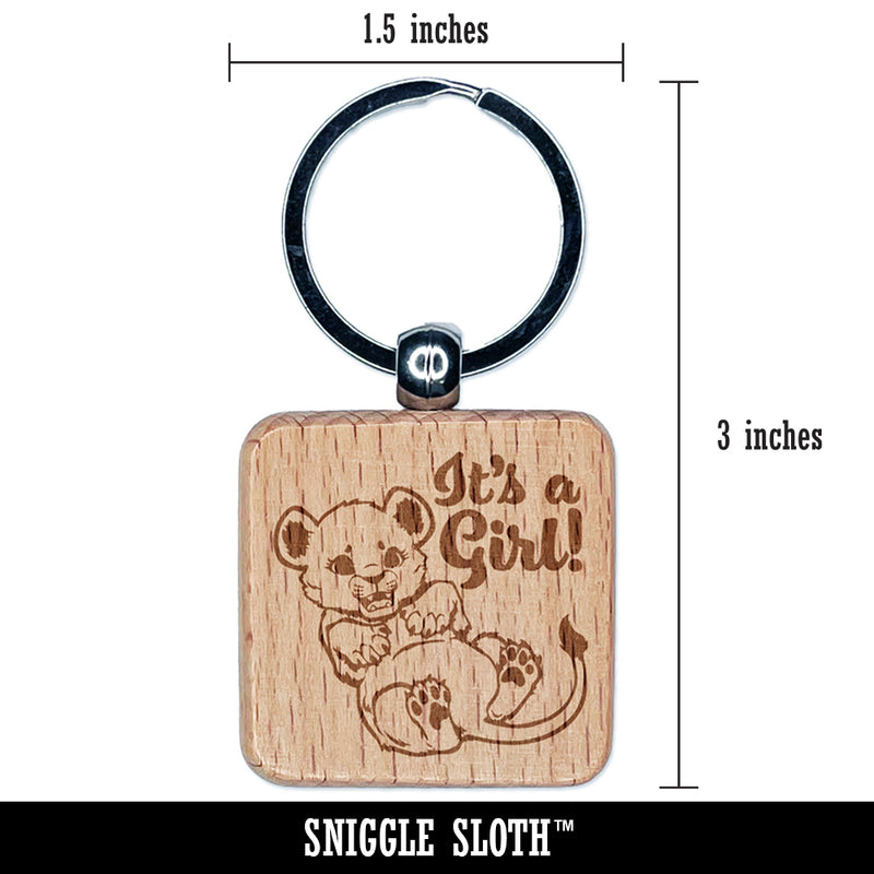 It's a Girl Lion Gender Reveal Engraved Wood Square Keychain Tag Charm
