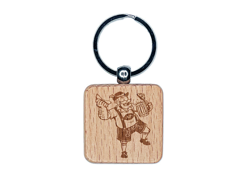 Jolly Bavarian Man in Lederhosen with Beer Stein and Sausage Engraved Wood Square Keychain Tag Charm