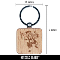 Jolly Bavarian Man in Lederhosen with Beer Stein and Sausage Engraved Wood Square Keychain Tag Charm