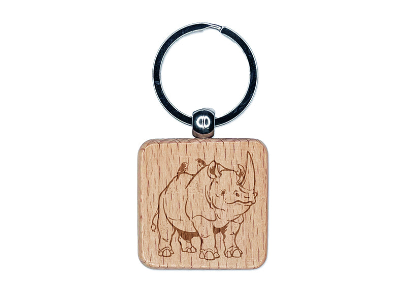 Jolly White Rhinoceros with Bird Friends Engraved Wood Square Keychain Tag Charm