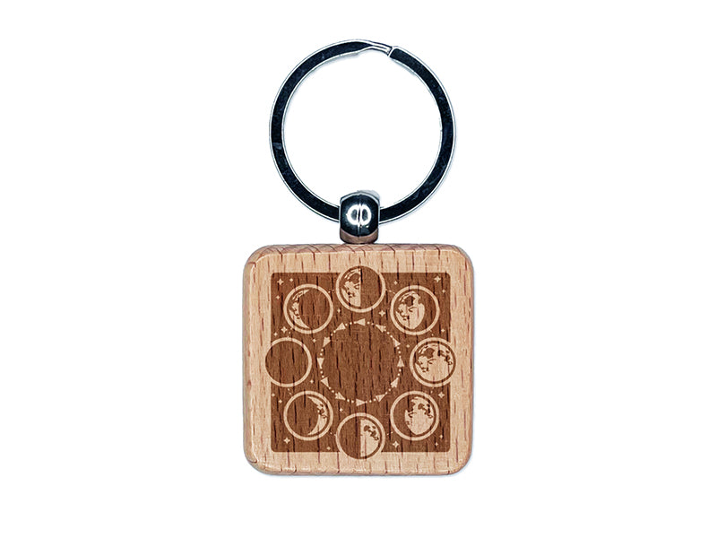 Lunar Moon Phases New Full Waxing Waning Engraved Wood Square Keychain Tag Charm