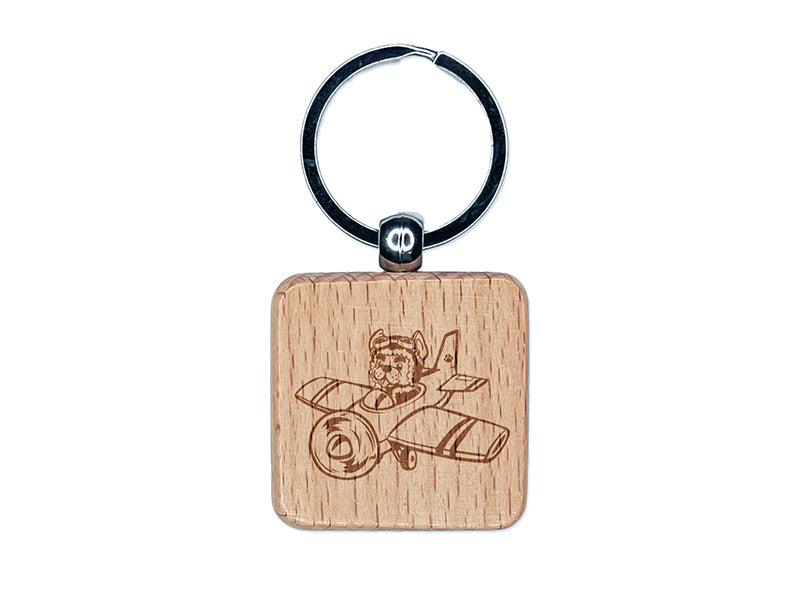 Puppy Pilot Dog in Airplane Engraved Wood Square Keychain Tag Charm