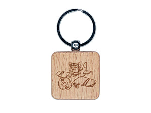 Puppy Pilot Dog in Airplane Engraved Wood Square Keychain Tag Charm