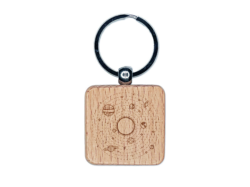 Solar System with Sun and Planets and Stars in Orbit Engraved Wood Square Keychain Tag Charm