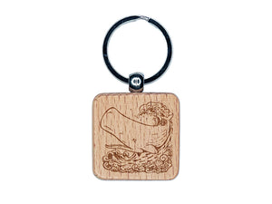 Sperm Whale on Ocean Waves Engraved Wood Square Keychain Tag Charm