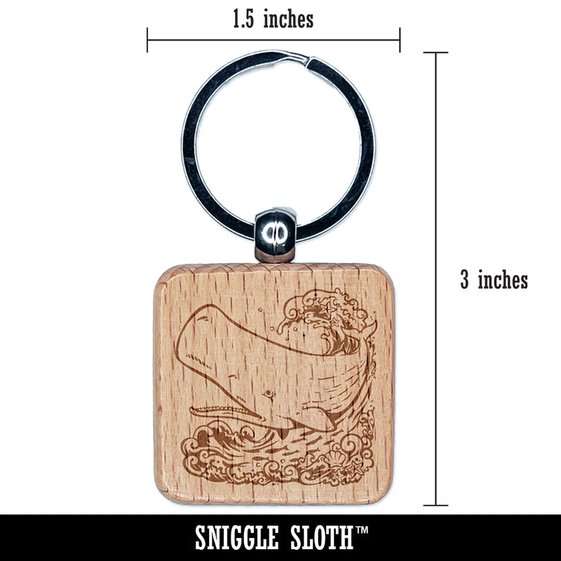 Sperm Whale on Ocean Waves Engraved Wood Square Keychain Tag Charm