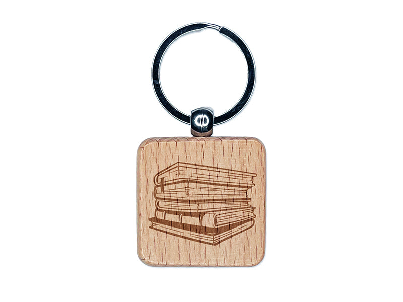 Stack Pile of Books Reading Engraved Wood Square Keychain Tag Charm
