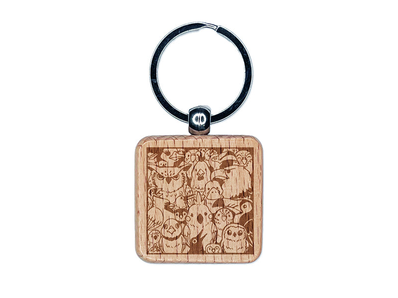 Too Many Birds in a Box Engraved Wood Square Keychain Tag Charm