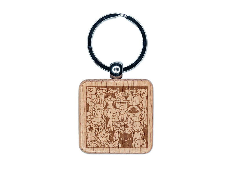 Too Many Cats in a Box Engraved Wood Square Keychain Tag Charm