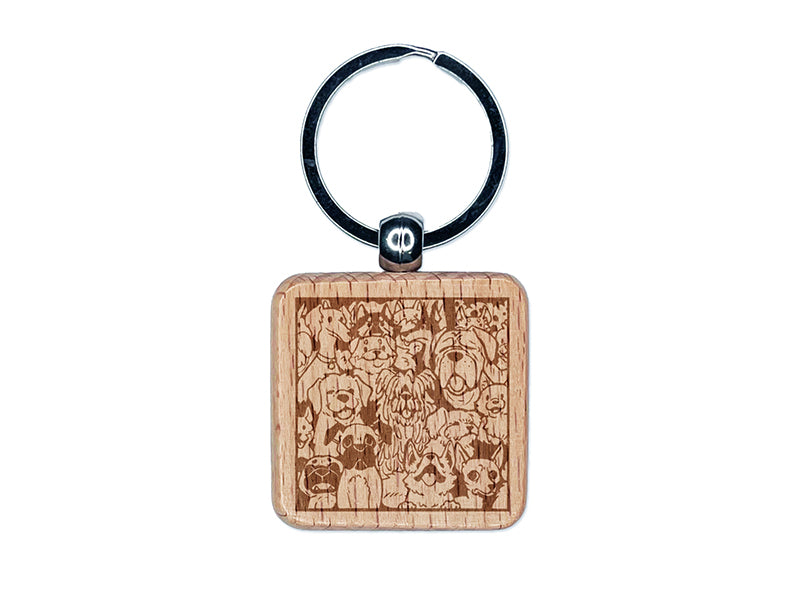 Too Many Dogs in a Box Engraved Wood Square Keychain Tag Charm