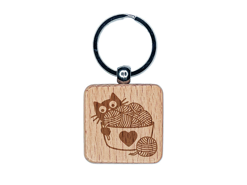 Cat Playing with Basket of Yarn Knitting Crocheting Engraved Wood Square Keychain Tag Charm