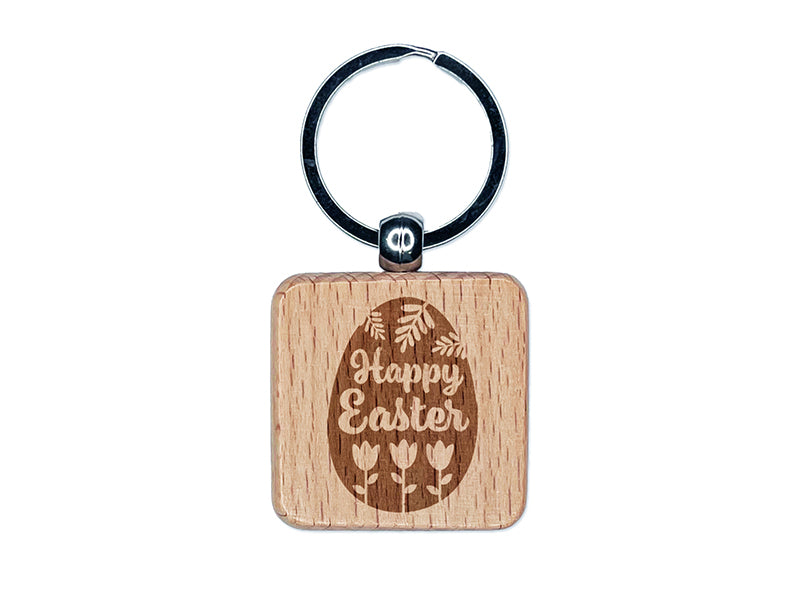 Happy Easter Egg Flowers Engraved Wood Square Keychain Tag Charm