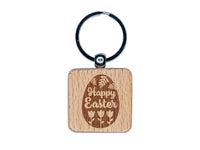 Happy Easter Egg Flowers Engraved Wood Square Keychain Tag Charm