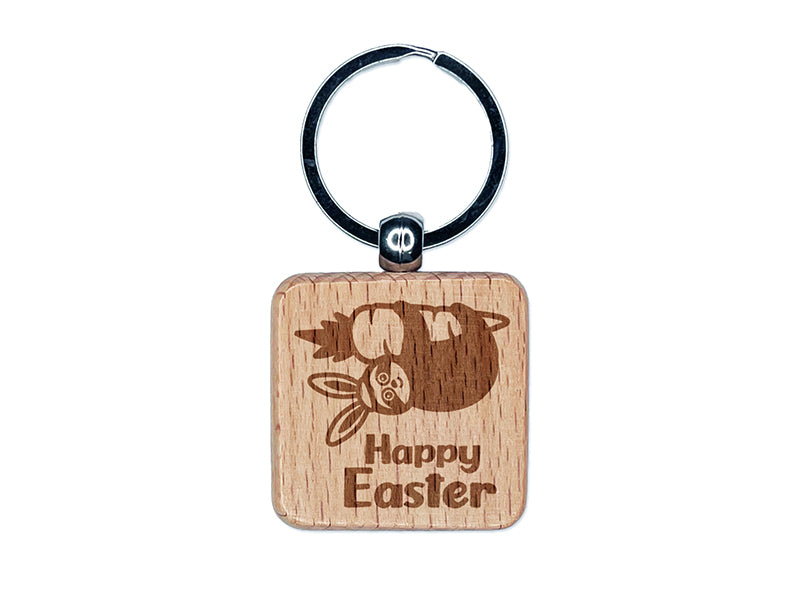 Happy Easter Sloth Hanging from Carrot Engraved Wood Square Keychain Tag Charm