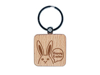 Peeking Bunny Happy Easter Engraved Wood Square Keychain Tag Charm