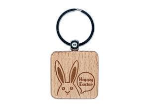 Peeking Bunny Happy Easter Engraved Wood Square Keychain Tag Charm