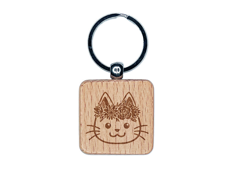 Cat Wearing a Flower Crown Engraved Wood Square Keychain Tag Charm
