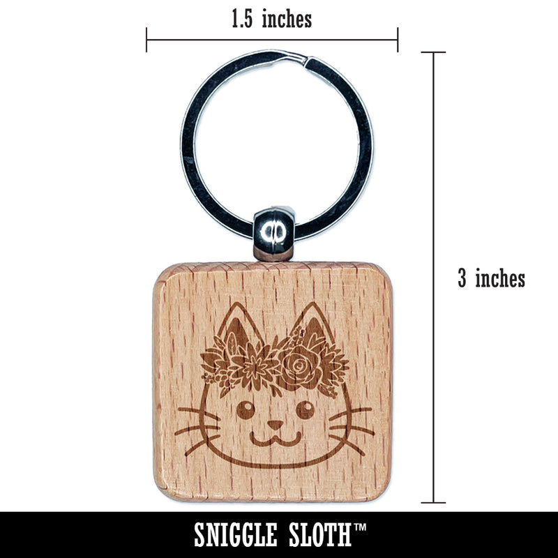 Cat Wearing a Flower Crown Engraved Wood Square Keychain Tag Charm