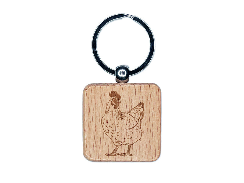 Curious Hen Chicken Engraved Wood Square Keychain Tag Charm